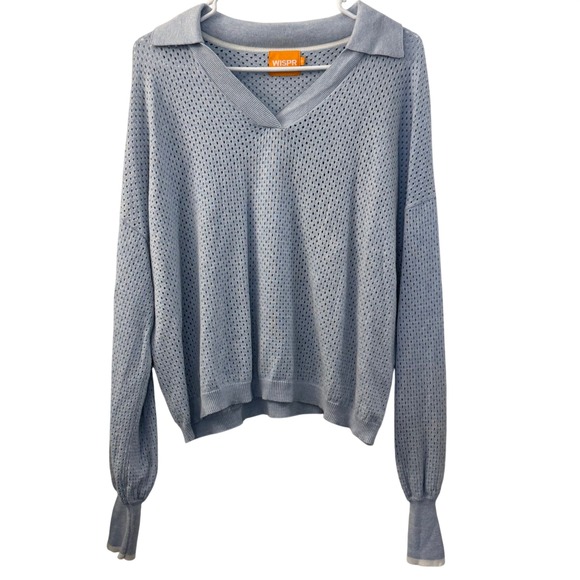 WISPR Sweaters - WISPR Light‎ Blue Cotton Silk Pointelle Knit Polo Star Shine Sweater Small